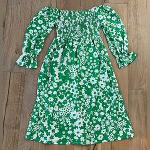 Sugarlips Kennedy Floral Denni Smocked Midi Dress Small Green Sleeves Retro